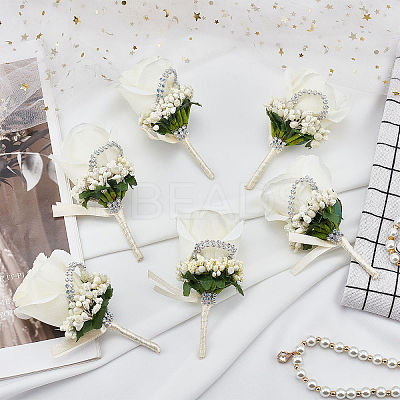 Cloth Rose Flower Boutonniere Brooch with Rhinestone AJEW-WH0258-294C-1