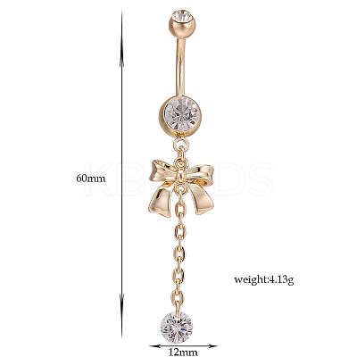 Piercing Jewelry Real 18K Gold Plated Brass Rhinestone Bowknot Navel Ring Belly Rings AJEW-EE0001-67-1