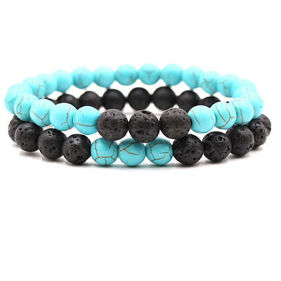 2Pcs 2 Styles Synthetic Turquoise & Natural Lava Rock Round Beaded Stretch Bracelets for Couple FS-WGA2A2E-02-1