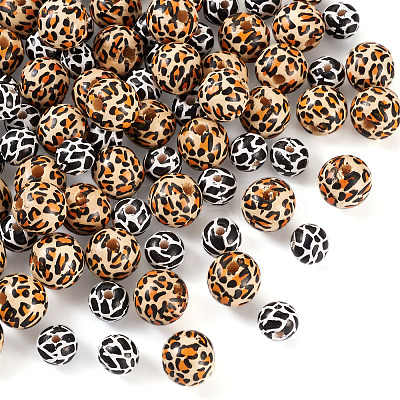 100Pcs 2 Patterns Printed Natural Wooden Beads WOOD-BY0001-01-1