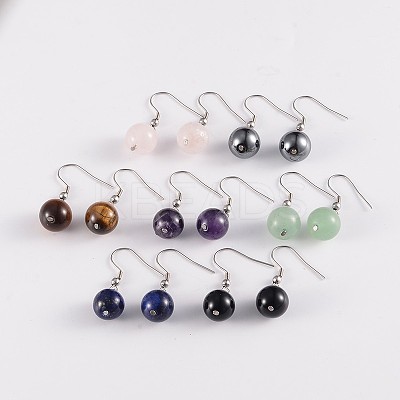 Round 304 Stainless Steel Natural Mixed Stone Dangle Earrings EJEW-JE01973-1