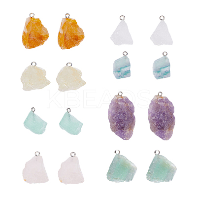 16Pcs Raw Rough Natural Fluorite & Green Aventurine & Green Fluorite & Rose Quartz & Amethyst & Ferruginous Quartz & Citrine & Quartz Crystal Pendants G-HS0001-08-1