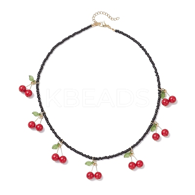Natural Dyed Mashan Jade Red Cherry Pendant Glass Seed Beaded Necklaces for Women NJEW-TA00211-02-1