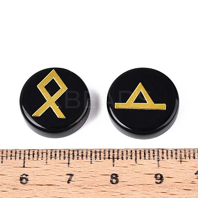 Brass Elder Futhark Alphabet Engraved Symbol Flat Round Natural Obsidian Rune Stones G-I373-01H-1
