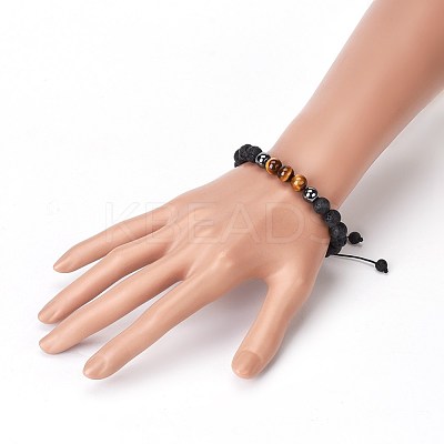 Natural Lava Rock and Non-Magnetic Synthetic Hematite Beads Braided Bead Bracelets X-BJEW-JB03975-25-1
