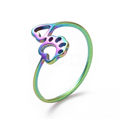 Ion Plating(IP) 201 Stainless Steel Paw Print and Heart Finger Ring RJEW-J051-27MC-1