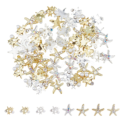 64Pcs 8 Styles Starfish Alloy Rhinestone Cabochon MRMJ-FH0001-40-1