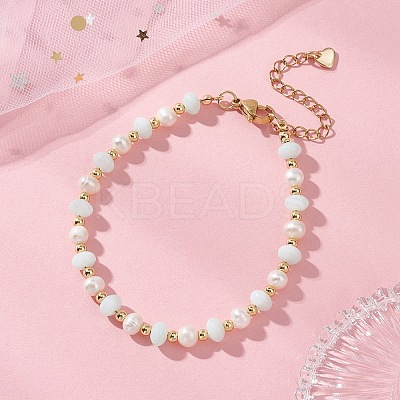 Natural Freshwater Shell & Natural Cultured Freshwater Pearl Rondelle Beaded Bracelets for Women BJEW-JB13281-1