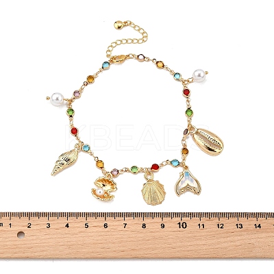 Bohemian Brass Glass Flat Round Link Chain Anklets LS-AJEW-Z046-09G-1