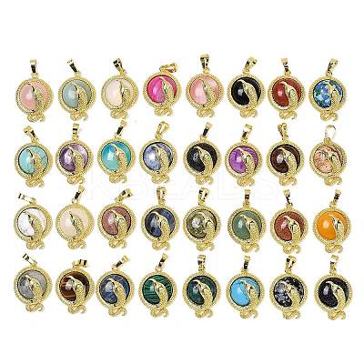 Natural & Synthetic Mixed Gemstone Flat Round Shaped Brass Pendants KK-F887-03G-1