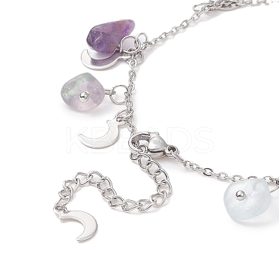 Natural Fluorite Chips & Moon Charms Anklet AJEW-AN00512-06-1