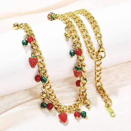 Natural Carnelian and Synthetic Malachite Round Beads and Red Strawberry Tassel 304 Stainless Steel Twisted Chain Necklaces NJEW-C092-03G-1