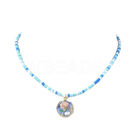 Flower Alloy Enamel Pendant Glass Seed Beaded Necklaces for Women NJEW-JN05550-03-1