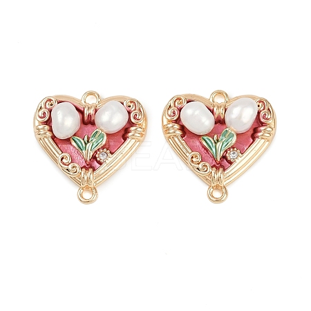 Brass Enamel & Natural Pearl Heart with Flower Connector Charms KK-K351-52G-03-1