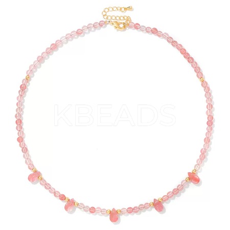 Adjustable 4MM Round and Teeardrop Cherry Quartz Glass Beaded Necklace for Women Elegant Casual Jewelry Gift YO7964-7-1