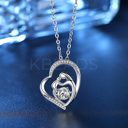 Mother's Day Brass Micro Pave Clear Cubic Zirconia Mother and Baby Heart Pendant Necklaces for Women NJEW-C085-01B-P-1