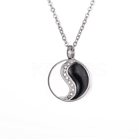 Women's 304 Stainless Steel Rhinestones Flat Round with Yin-yang Memorial Urn Necklace for Ashes PW-WG1E4F5-01-1