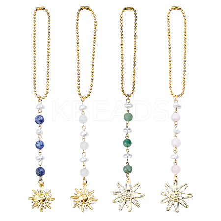 4Pcs 4 Styles Glass & Alloy & Natural Rose Quartz & Green Aventurine & Blue Spot Jasper Sun Pendant Decoration HJEW-FH00168-1