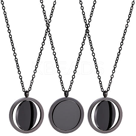 3Pcs Stainless Steel Rotatable Blank Flat Round Pendant Necklaces for Women Men NJEW-SC0001-81-1