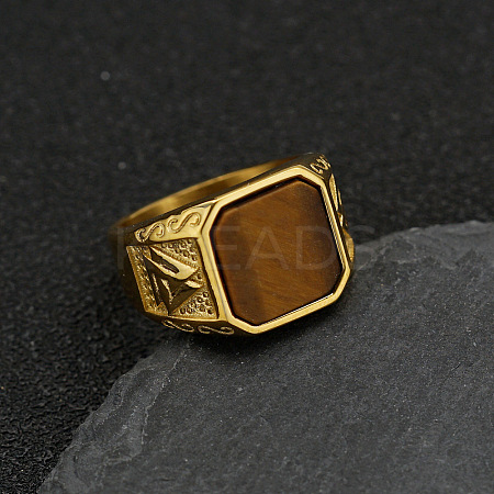 304 Stainless Steel with Natural Tiger Eye Finger Rings FS-WG06E27-05-1