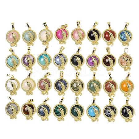 Natural & Synthetic Mixed Gemstone Flat Round Shaped Brass Pendants KK-F887-03G-1