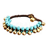 Bohemian Style Synthetic Turquoise Round Beaded & Brass Bell Charm & Wax Cord Braided Bead Bracelets FS-WGC2A27-02-2