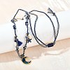 304 Stainless Steel Blue Enamel Moon Pendant Cotton Cord Adjustable Necklaces NJEW-C093-04G-1