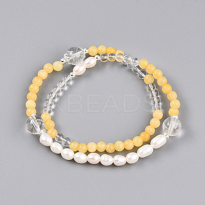 Round Natural Fresh Water Pearl & Quartz Crystal Beaded Wrap Bracelets for Women BJEW-T022-11-1