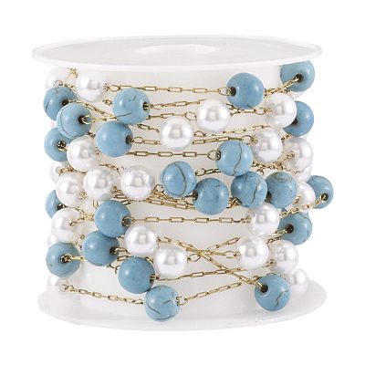 Synthetic Turquoise & Glass Round Bead Link Chains CHS-TA0001-49-1
