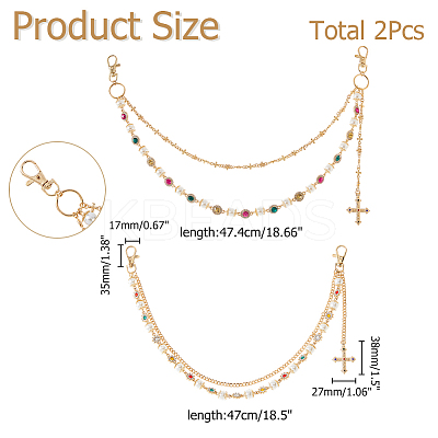 2Pcs 2 Styles Acrylic Colorful Rhinestone & Round Plastic Pearl Link Chain Double Layer Alloy Cross Charm Jean Chains AJEW-HS0001-26KCG-1