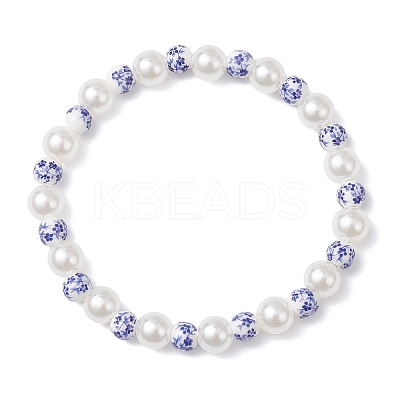 Handmade Flower Printed Porcelain Ceramic & ABS Plastic Imitation Pearl Beaded Stretch Bracelets for Women BJEW-JB12737-1