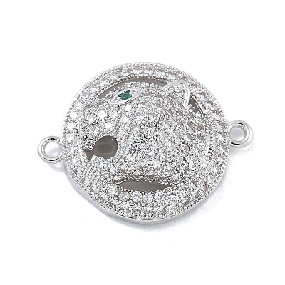 Rack Plating Brass Micro Pave Clear Cubic Zirconia Flat Round with Leopard Connector Charms KK-A234-061P-1