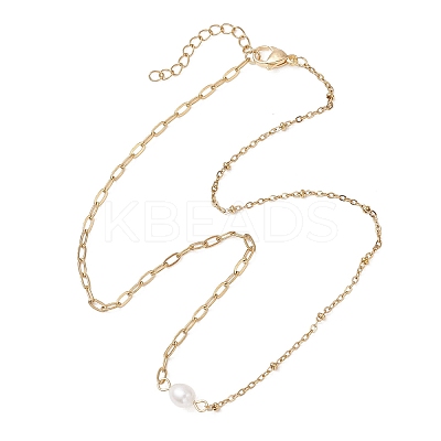 Natural Pearl Rice & 304 Stainless Steel Satellite Chain Paperclip Chain Necklaces for Women NJEW-JN05822-02-1