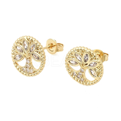 Ring with Tree of Life Pattern Brass Micro Pave Clear Cubic Zirconia Stud Earrings EJEW-G460-02G-1