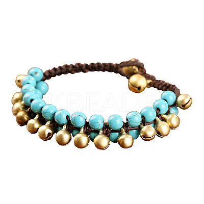 Bohemian Style Synthetic Turquoise Round Beaded & Brass Bell Charm & Wax Cord Braided Bead Bracelets FS-WGC2A27-02-1