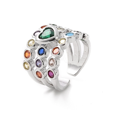 Colorful Cubic Zirconia Heart Open Cuff Ring RJEW-C061-03P-1