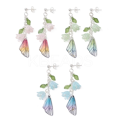 304 Stainless Steel Wing with Flower Dangle Stud Earrings EJEW-TA00696-1