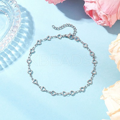 304 Stainless Steel Hollow Heart Link Chain Anklets for Women AJEW-AN00684-1