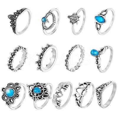 13Pcs 13 Style Aquamarine Rhinestone Tortoise & Elephant & Lotus & Crown Finger Rings Set JR939A-1