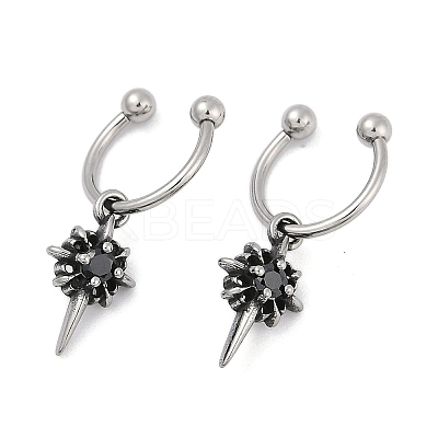 Flower 316 Surgical Stainless Steel & Black Glass Dangle Half Hoop Earrings for Women EJEW-G416-49AS-1