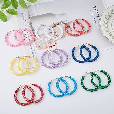 9 Pairs 9 Colors Sparkling Resin Big Hoop Earrings with Alloy Pins for Women EJEW-FI0002-13-1