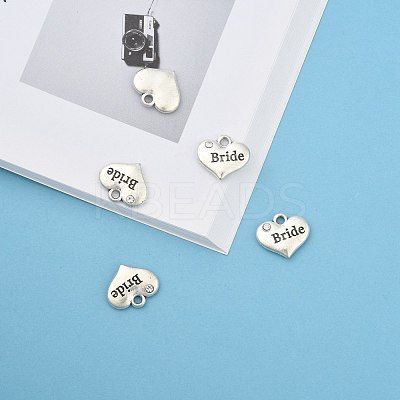 Wedding Theme Antique Silver Tone Tibetan Style Heart with Bride Rhinestone Charms X-TIBEP-N005-12E-1