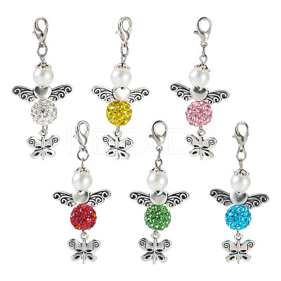 6Pcs 6 Colors Angel & Butterfly Alloy Beaded & Polymer Clay Pave Rhinestone Beaded Pendant Decoration HJEW-TA00339-1