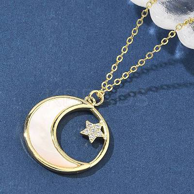 Brass Micro Pave Clear Cubic Zirconia Moon with Star Pendant Necklaces for Women NJEW-S449-02G-1