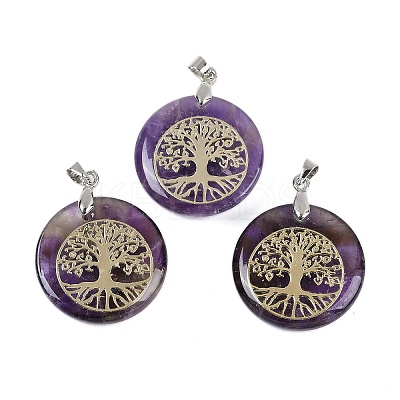 Natural Amethyst Flat Round Pendants G-Q188-01P-09-1
