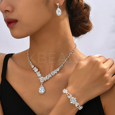 Teardrop & Flower Alloy Crystal Rhinestone Pendant Necklace & Stud Dangle Earrings & Bracelets Sets FS-WGA0F52-01-1