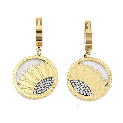 Flat Round with Sunflower 304 Stainless Steel Dangle Earrings EJEW-L283-058G-1