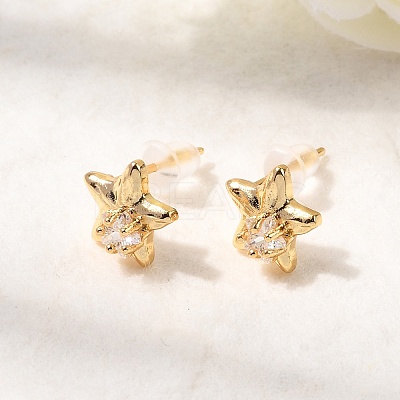 Brass Micro Pave Clear Cubic Zirconia Star Stud Earrings EJEW-C158-09G-1