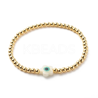 Brass Round & Shell Flower Beaded Stretch Bracelet for Women BJEW-JB08604-1