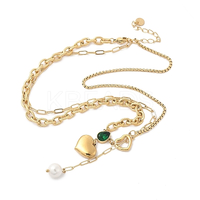 304 Stainless Steel Pave Green Cubic Zirconia Heart Pendant Necklaces for Women NJEW-U040-01A-G-1